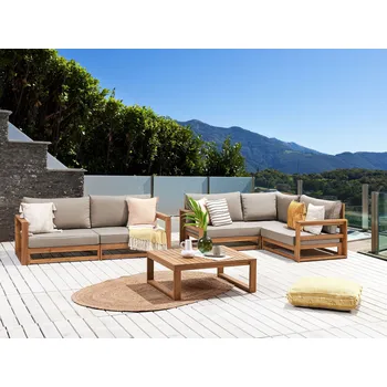 Zahradní sestava Zahradní rohová sestava světlá hnědá certifikovaná akátové dřevo šedé polštáře 4místná s konferenčním stolkem moderní design Beliani