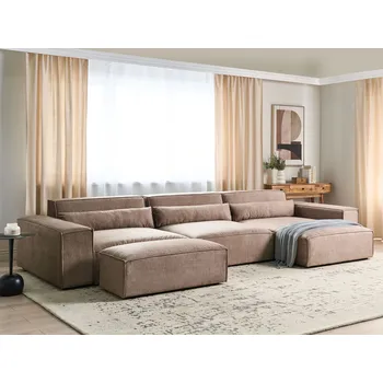 Pohovka Levá 3místná modulární pohovka s otomanem hnědá látková sekční pohovka s černými nohami moderní obývací pokoj Beliani