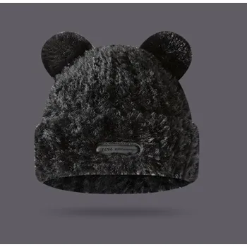 Čepice Flamenco Mystique Zimní plyšová čepice s ušima medvěda a nášivkou, černá CZ32WZ5