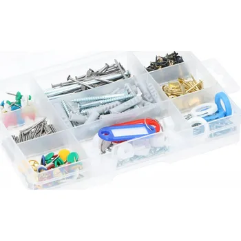 Vrták ŠROUBKY vruty hmoždinky hřebíky připínáčky MONTÁŽNÍ SADA 594 ks v organizéru
