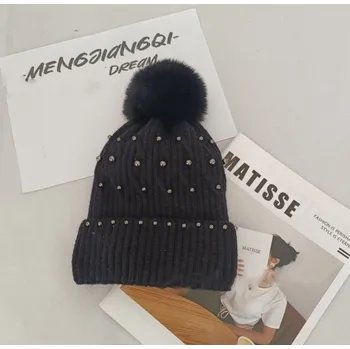 Čepice Flamenco Mystique Zimní pletená čepice s bambulí a perlami černá CZ35WZ4