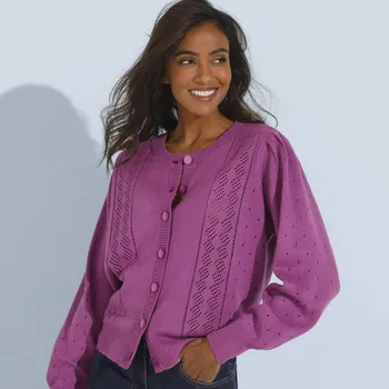 Dámský svetr Ažurový svetr na knoflíky purpurová 38/40