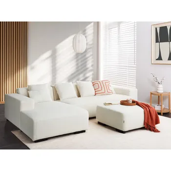 Sedací souprava Pravá rohová sedačka bílá buklé sedačka ve tvaru L pro 4 osoby s polštáři a taburetem moderní design Beliani