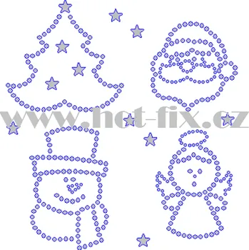 SV063-sada 4ks - vánoční motivy nažehlovací hot-fix kamínkové aplikace na textil, celkové rozměry cca 14,6x 15,7cm barva: broušené kameny barva 101/N Crystal /stříbrná a stříbrné kovové hvězdy