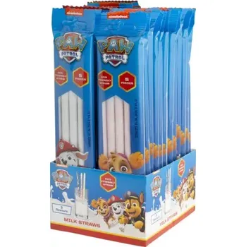 Brčka PAW PATROL 30 g (5x 6 g) na ochucení mléka - mix VANILKA, JAHODA, KAKAO - VÝPRODEJ !!! DMT: 4/2024 (brčka pro vytvoření mléčného nápoje / 5 ks brček / bez lepku / mix 3 příchutí a motivů)