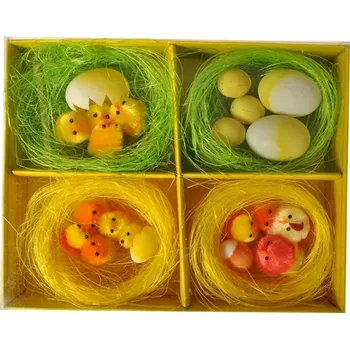 Velikonoční dekorace H+H Sada hnízd - 4 ks s vajíčky a kuřátky, Box 380579 Nové zboží