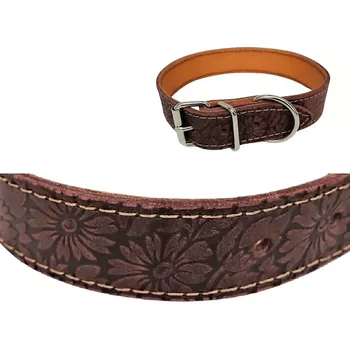Obojek pro psa Hnědý kožený obojek zdobený květinami podšitý - délka 50 cm (Kožený obojek pro psa)