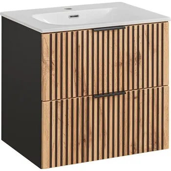 Policová skříň Závěsná skříňka Casad Lava II se zápustným umyvadlem 60 cm černá/dub wotan