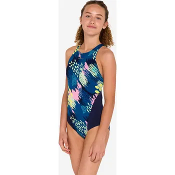 Dámské plavky DECATHLON Dívčí jednodílné plavky 500 Kamiye Puno 14 LET MODRÁ