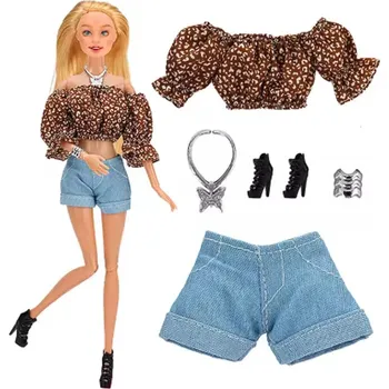 Módní oblečení pro Barbie - sady oblečení (kraťasy + top + doplňky) Varianta: style 2-9 (s hnědým topem)
