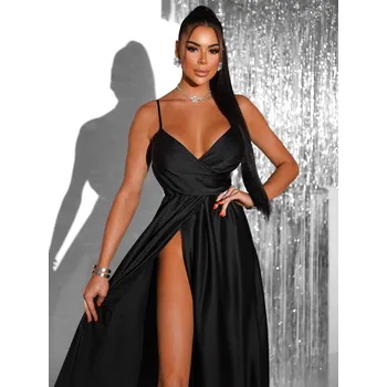 Dámské šaty Černé saténové dlouhé šaty PATILLA s výstŕihem