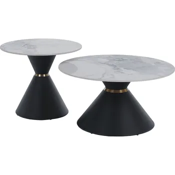 Konferenční stolek Konferenční stolky MABUZ set 2 ks, bílý mramor, ocel černý lak, zlatý dekor