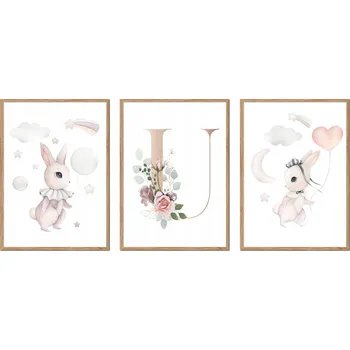 Obraz SADA 3 OBRAZŮ V RÁMU dětské králíčci zajíčci PÍSMENO U P2645_A4