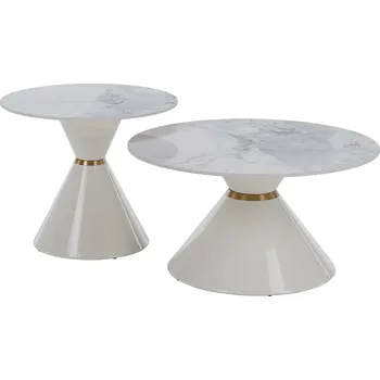 Konferenční stolek Konferenční stolky MABUZ set 2 ks, bílý mramor, ocel bílý lak, zlatý dekor
