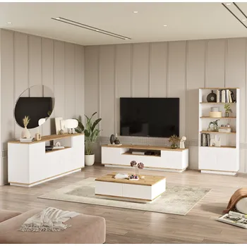 Obývací stěna BAKALAR obývací sestava s regálem, borovice/bílá