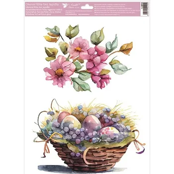 Okenní dekorace Anděl Okenní fólie malované velikonoční košíky s glitry 30 x 42 cm 6914 Typ: 2. KOŠÍK S VAJÍČKY A BOBULEMI