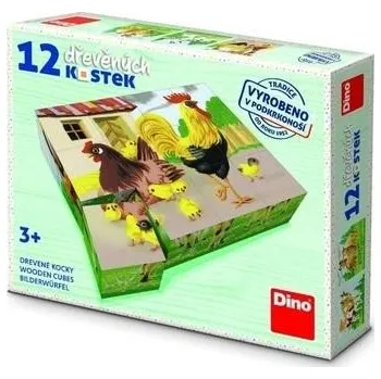 Dřevěná hračka Dino Kostky dřevěné zvířátka retro – 12 kostek