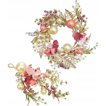 Obraz Věnec a větvička růžové s perleťovými kouličkami Ø35/32 cm