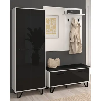 Předsíňová stěna Předsíň PRUDHOE, bílá/černý lesk, 5 let záruka + vyzvednutí ZDARMA