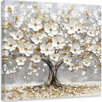 Obraz Obraz na plátně, Strom Bílé Květiny Listy Zlata 40x40
