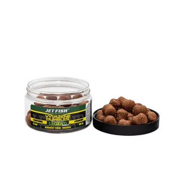 Boilies JetFish Jet Fish Legend Range Vyvážené boosterované Dumbles KOŘENĚNÝ TUŇÁK BROSKEV 12mm 200ml