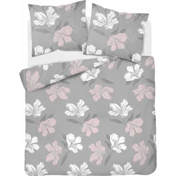 Povlečení Povlečení bavlněné, Flanel Kytky bílé a růžové na šedém, 140 x 200/70 x 80 cm