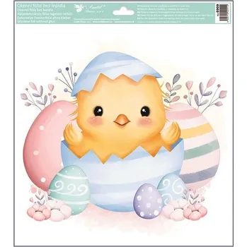 Okenní dekorace Anděl Okenní fólie kuřátka ve vajíčku s glitry 30 x 33,5 cm 6909 Typ: 3. KUŘÁTKO SE SVĚTLE MODRÝM VAJÍČKEM