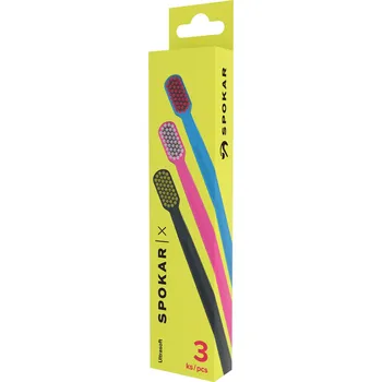 Zubní kartáček SPOKAR a.s. SPOKAR X – 3PACK ULTRASOFT – sada zubních kartáčků Vyberte barevnou kombinaci: šedá/žlutá + růžová/bílá + modrá/červená