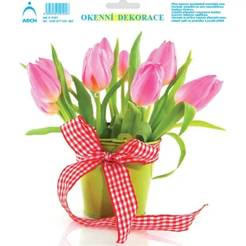 Okenní dekorace Velikonoční adhezní nálepky 20x23 cm / Tulipány s mašlí