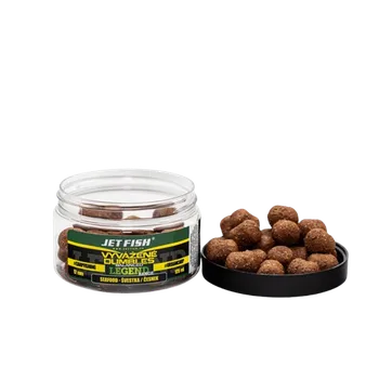 Boilies JetFish Jet Fish Legend Range Vyvážené boosterované Dumbles SEAFOOD ŠVESTKA ČESNEK 12mm 200ml