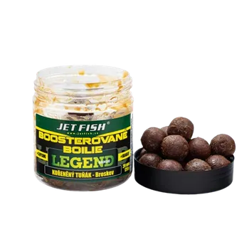 Boilies JetFish Jet Fish Legend Range Boosterované boilie KOŘENĚNÝ TUŇÁK BROSKEV 20mm 250ml