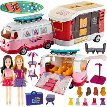 Doplněk pro panenku Velký Kempingový Vůz Autobus s Přívěsem pro Panenky - Rozkládací Otevírací Domeček Vícebarevná