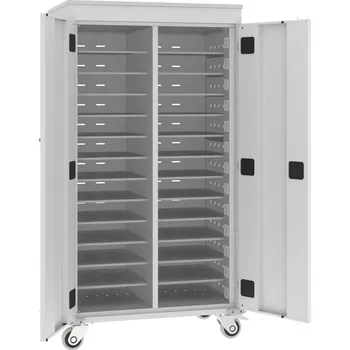 MALOW Vozík na notebooky WNL 213+ - 26 oddělení, dveře - tyrkysová RAL 5018, Vyberte barvu horní desky: bílá šedá, korpus - světle šedá