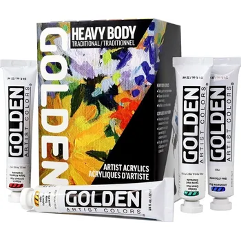 Výtvarná barva Sada akrylových barev Golden Heavy Body Traditional Set 7 x 22 ml + 59 ml Titanium White + 59 ml Glazing Liquid