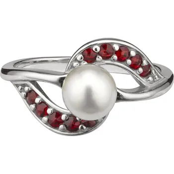 Prsten Stříbrný prsten s českým granátem a perlou, rhodiovaný - vlnka Velikost: 62