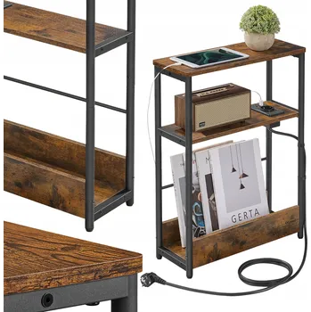 Noční stolek Úzký noční stolek s praktickou napájecí lištou, 3 police, rustikální hnědá