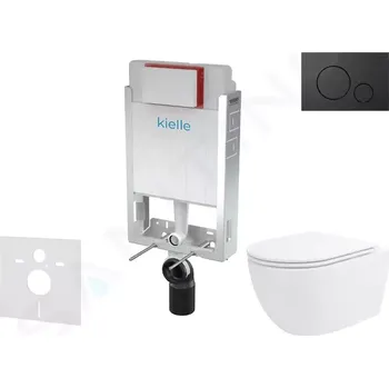 WC sada kielle Set předstěnové instalace, klozetu Oudee Vortex, sedátka softclose a tlačítka Gemini IV, matná černá 30505SZ93