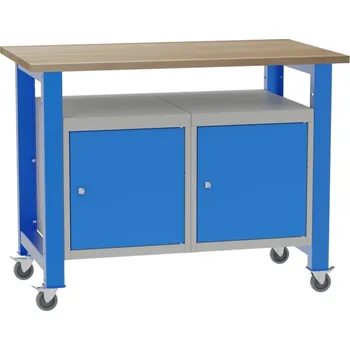 Dílenský stůl KOVONA Mobilní dílenský stůl s vloženými kontejnery - 2x dveře, deska A_buková spárovka 40 mm