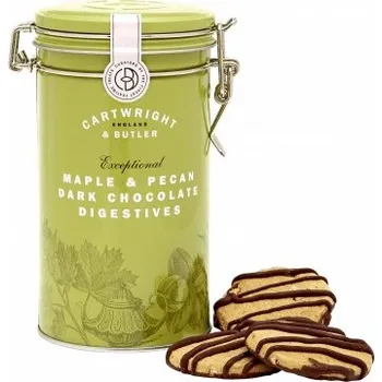 Cartwright & Butler Maple & Pecan Dark Chocolate Digestives Sušenky s pekany a čokoládovou polevou v plechové dóze 200 g