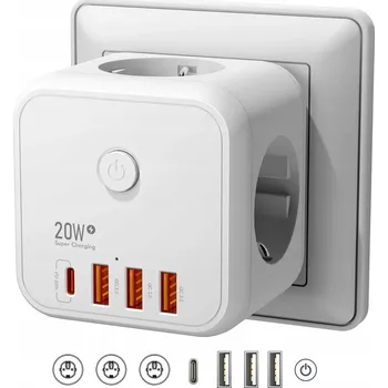 Elektrická zásuvka Zásuvka Rozbočka 4x Schuko + 3x USB-A, 1x USB-C