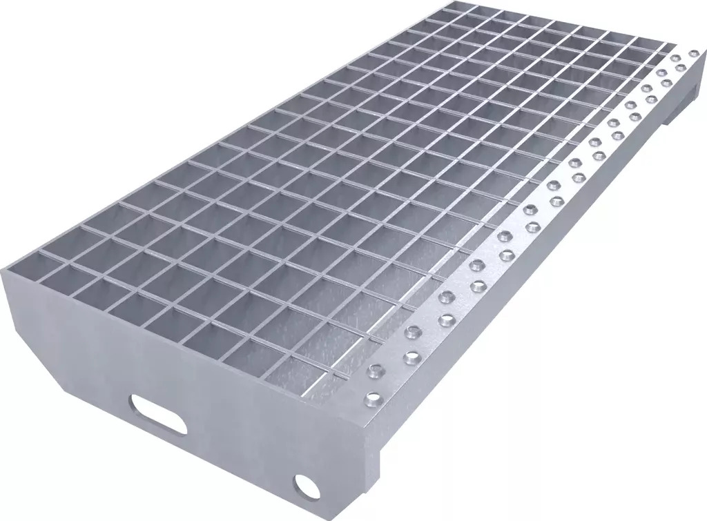 Kovový pozinkovaný protiskluzový schodišťový stupeň (30/2, 34/38) FLOMA SteelStep - 60 x 27 x 3 cm