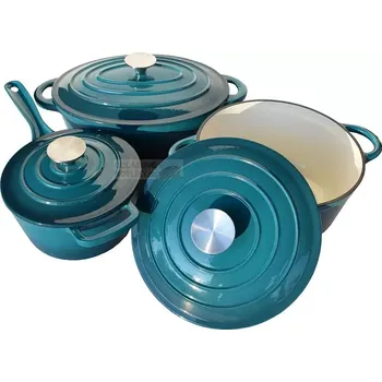 Sada nádobí Třídílná sada litinového nádobí smaltovaného s pekáčem tyrkys (třídílná souprava smaltovaného litinového nádobí tyrtkysová - hrnec a rendlík s pekáčem)