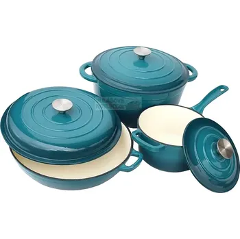 Sada nádobí Třídílná sada litinového nádobí smaltovaného s pánví tyrkys (třídílná souprava smaltovaného litinového nádobí tyrkysová s pánví, hrncem a rendlíkem)