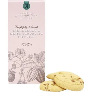 Čokoláda Cartwright & Butler Strawberry & White Chocolate Biscuits Sušenky s kousky jahod a bílé čokolády, 200 g