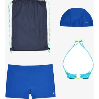 Plavecká čepice DECATHLON Chlapecká plavecká sada: plavky, brýle, čepice a taška 100 12 LET MODRÁ