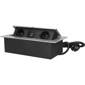 Elektrická zásuvka Nábytková zásuvka 2x2P+E 2xUSB 3m kabel, plochá a frézovaná hrana, stříbrná OR-AE-13126/G/3M