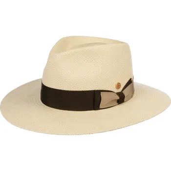 Klobouk Luxusní panamský klobouk Fedora s hnědobéžovou stuhou - Mayser Nizza - ručně pletený Velikost: 59 cm (L)