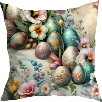 Polštář POVLEČENÍ NA POLŠTÁŘ Velikonoce DEKORAČNÍ 40X40 CM SVÁTEČNÍ VAJÍČKA KVĚTY VZOR 388