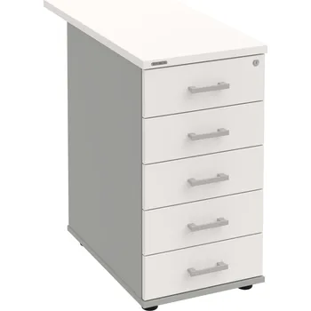 Zásuvkový kontejner K 35 C P 80 – Kontejner, 5 zásuvek, cent. zamykání, léta podél, hl. 80 cm - Bílá , Šedá , USH – hranatá