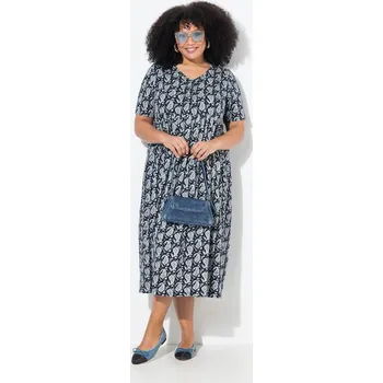 Dámské šaty Ulla Popken, Plus size Maxi šaty, A střih, výstřih do V, krátké rukávy, kapsy pro plnoštíhlé nadměrná velikost, 839648130-1132, modrý, 58/60, Nadměrné velikosti, Plus size oblečení, Oblečení pro boubelky, Oblečení pro baculky, Oblečení pro plnoštíhlé, Obl